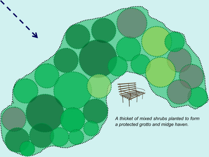 A thicket of mixed shrubs planted to form a protected grotto and midge haven.