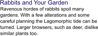 Rabbits and Your Garden  Ravenous hordes of rabbits spoil many gardens. With a few alterations and some careful planning the Lagomorphic tide can be turned. Larger browsers, such as deer, dislike similar plants too.